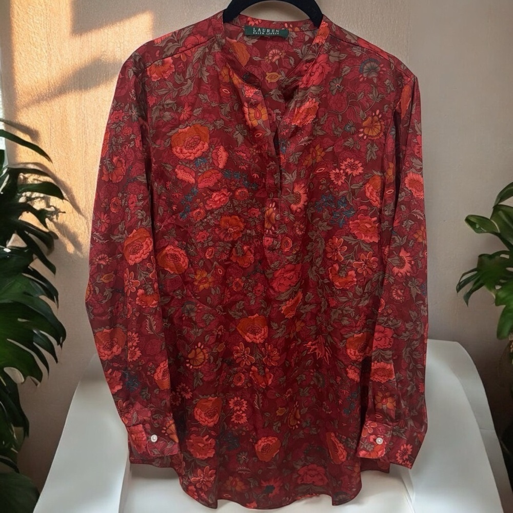 Lauren Ralph Lauren Multicolor Floral Satin Like Long Sleeve Blouse Size‎ M